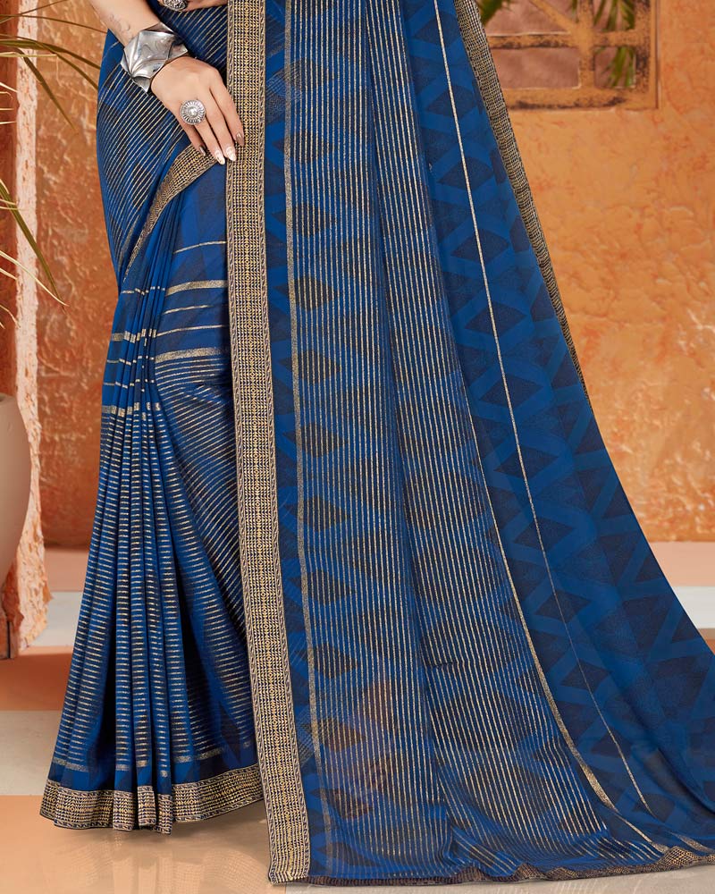 Vishal Prints Navy Blue Georgette Saree With Foil Print And Zari Border