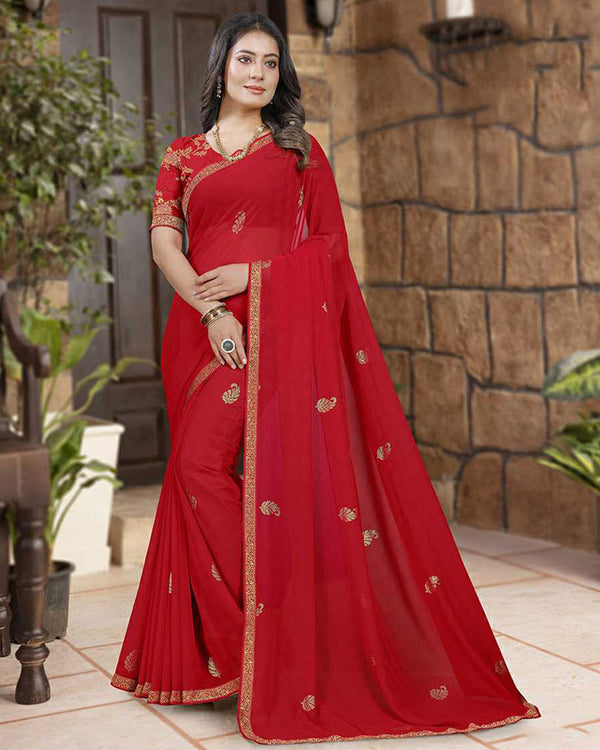 Vishal Prints Cherry Red Georgette Saree With Foil Print And Zari Border