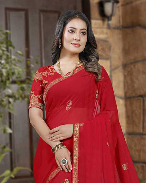 Vishal Prints Cherry Red Georgette Saree With Foil Print And Zari Border