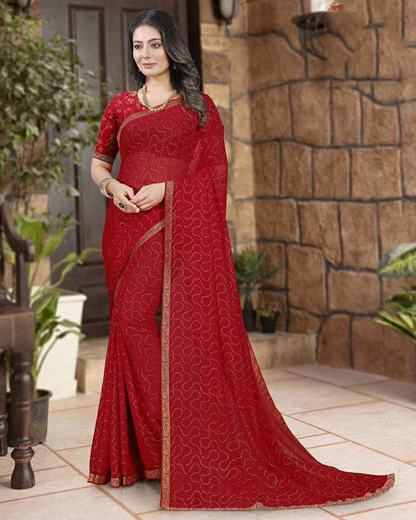 Vishal Prints Cherry Red Georgette Saree With Foil Print And Zari Border