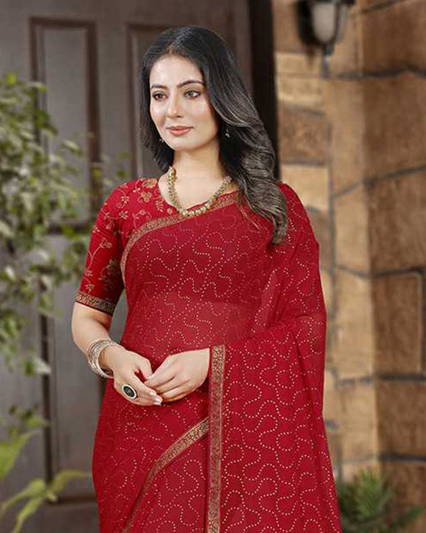 Vishal Prints Cherry Red Georgette Saree With Foil Print And Zari Border