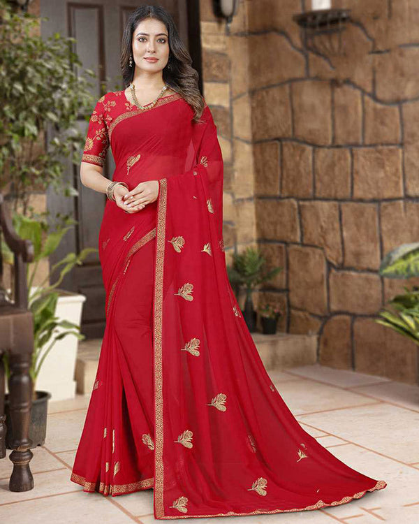 Vishal Prints Cherry Red Georgette Saree With Foil Print And Zari Border