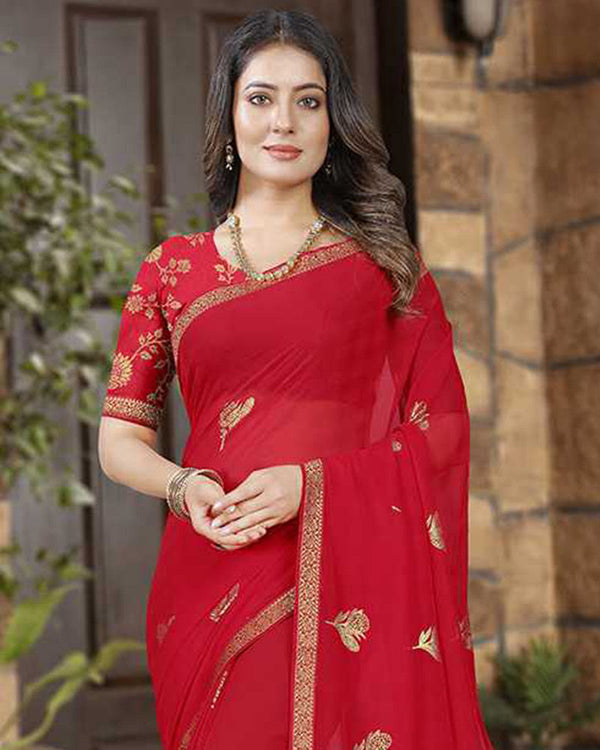 Vishal Prints Cherry Red Georgette Saree With Foil Print And Zari Border