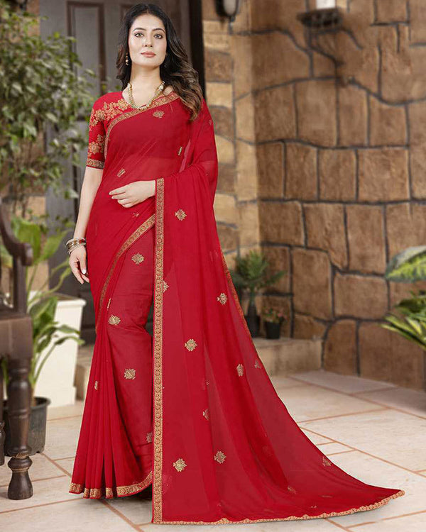 Vishal Prints Cherry Red Georgette Saree With Foil Print And Zari Border