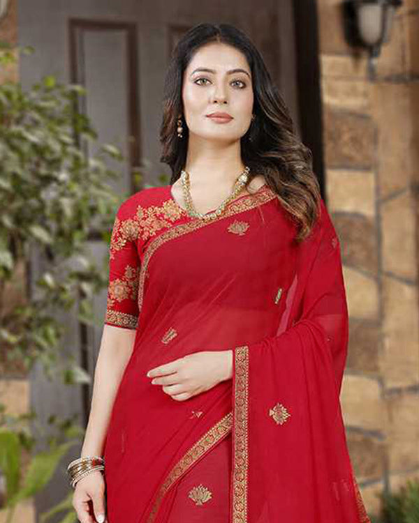 Vishal Prints Cherry Red Georgette Saree With Foil Print And Zari Border