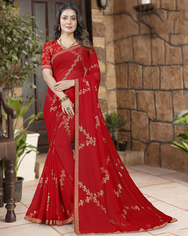 Vishal Prints Cherry Red Georgette Saree With Foil Print And Zari Border