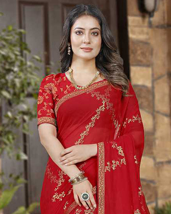 Vishal Prints Cherry Red Georgette Saree With Foil Print And Zari Border