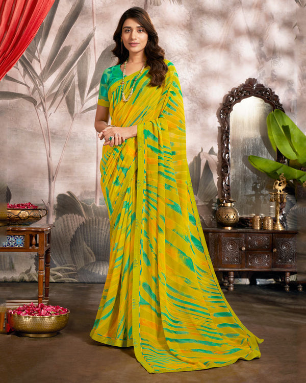 Vishal Prints Olive Yellow Printed Georgette Saree With Fancy Border