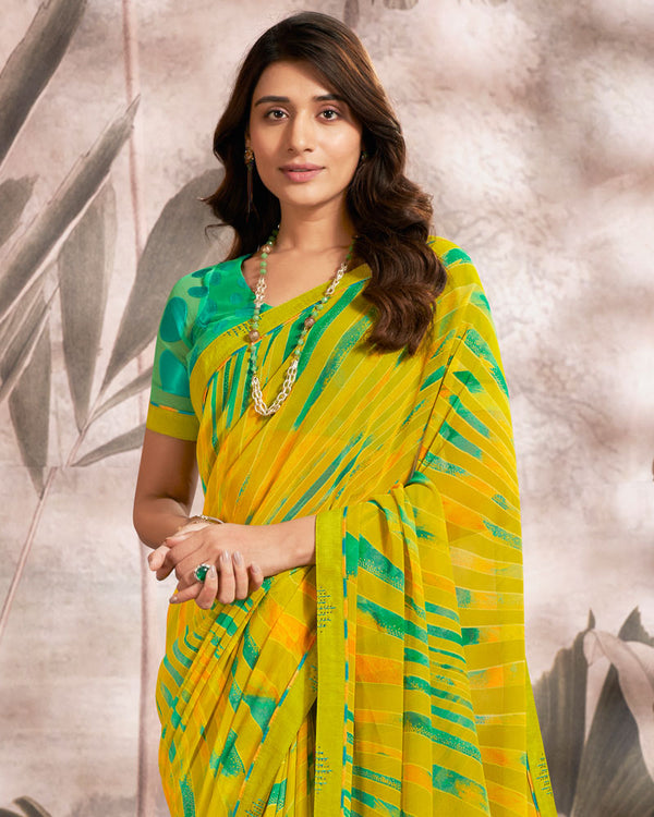 Vishal Prints Olive Yellow Printed Georgette Saree With Fancy Border