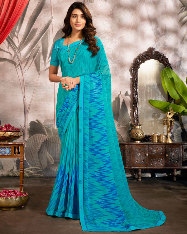 Vishal Prints Dark Turquoise Blue Printed Georgette Saree With Fancy Border