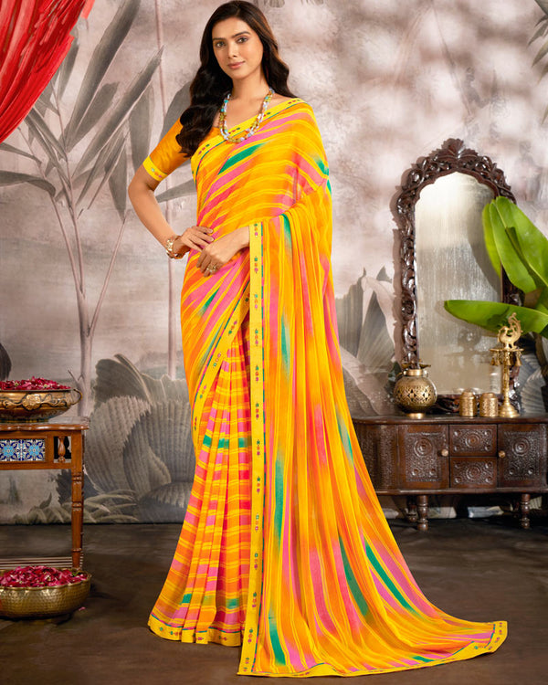 Vishal Prints Dark Yellow Printed Georgette Saree With Fancy Border