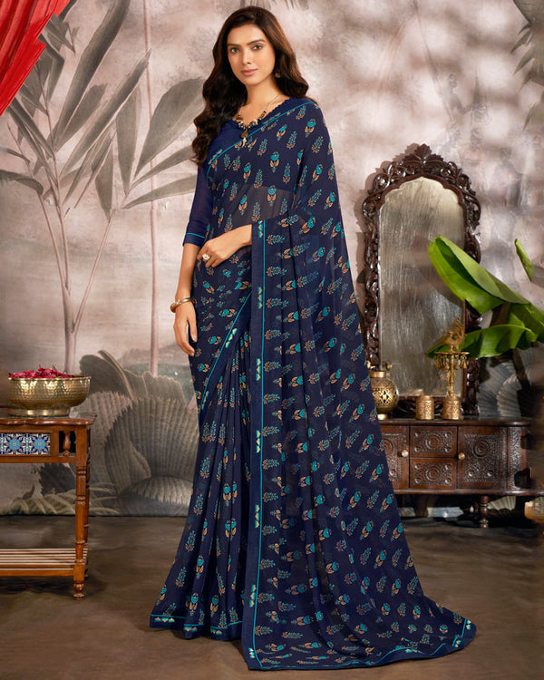 Vishal Prints Dark Navy Blue Printed Georgette Saree With Fancy Border