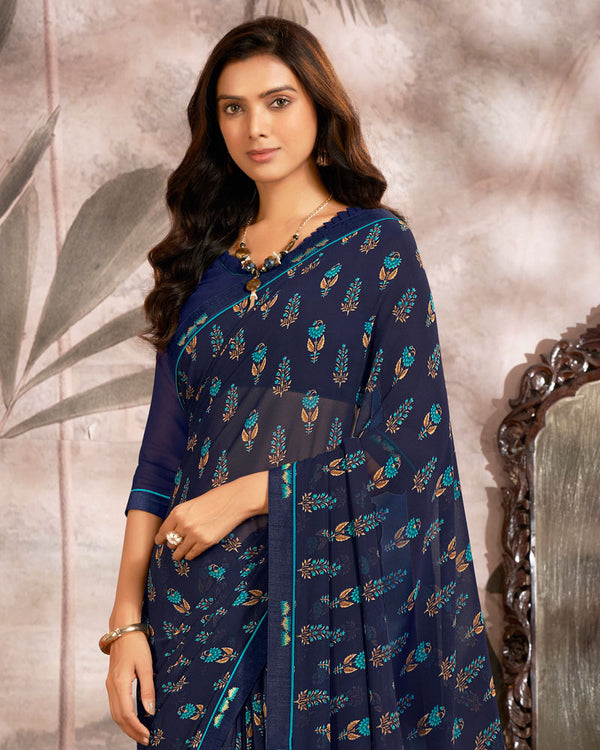 Vishal Prints Dark Navy Blue Printed Georgette Saree With Fancy Border