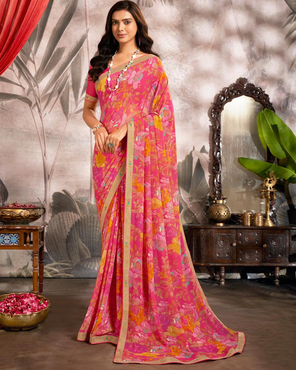 Vishal Prints Dark Pink Printed Georgette Saree With Fancy Border