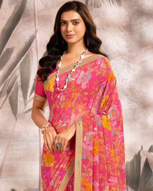 Vishal Prints Dark Pink Printed Georgette Saree With Fancy Border