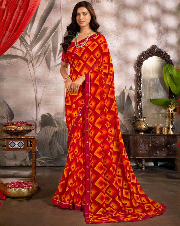 Vishal Prints Dark Red Printed Georgette Saree With Fancy Border