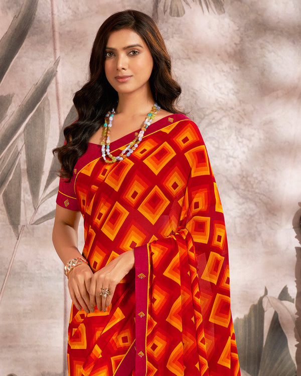 Vishal Prints Dark Red Printed Georgette Saree With Fancy Border