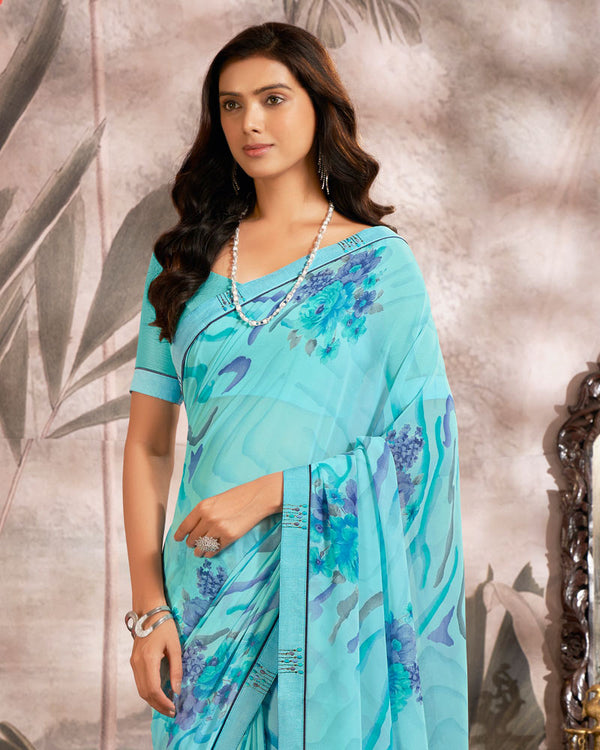 Vishal Prints Dark Turquoise Blue Printed Georgette Saree With Fancy Border