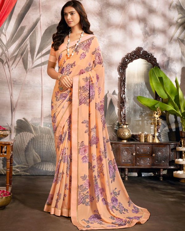 Vishal Prints Pastel Orange Printed Georgette Saree With Fancy Border