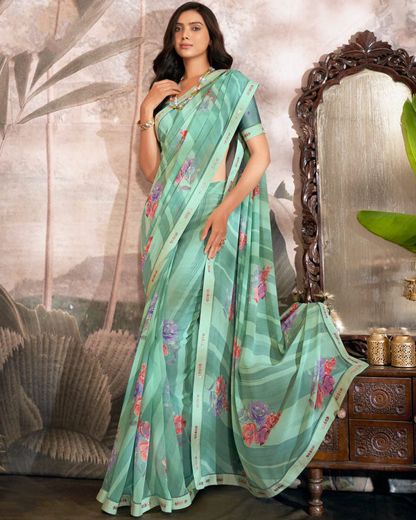 Vishal Prints Sea Green Printed Georgette Saree With Fancy Border