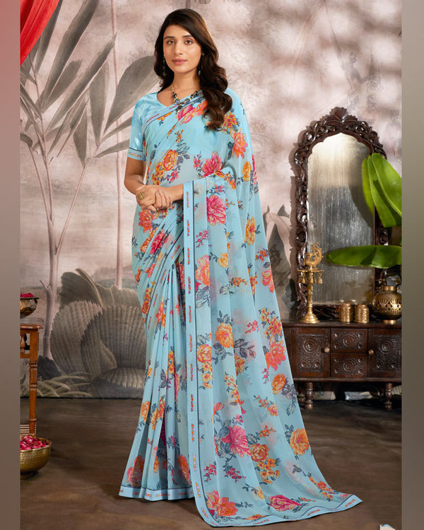 Vishal Prints Pastel Blue Printed Georgette Saree With Fancy Border