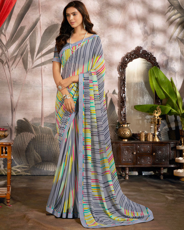 Vishal Prints Light Grey Printed Georgette Saree With Fancy Border