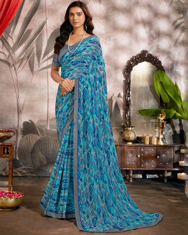 Vishal Prints Dark Turquoise Blue Printed Georgette Saree With Fancy Border