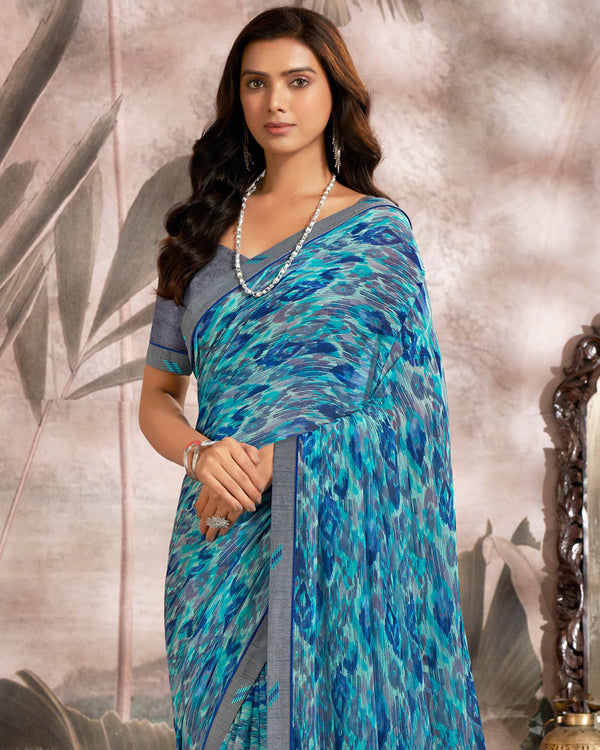 Vishal Prints Dark Turquoise Blue Printed Georgette Saree With Fancy Border