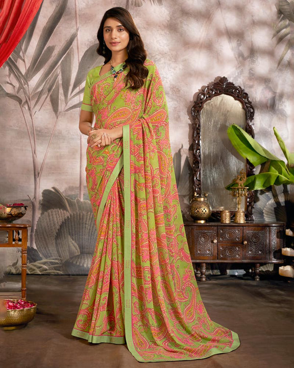 Vishal Prints Olive Green Printed Georgette Saree With Fancy Border