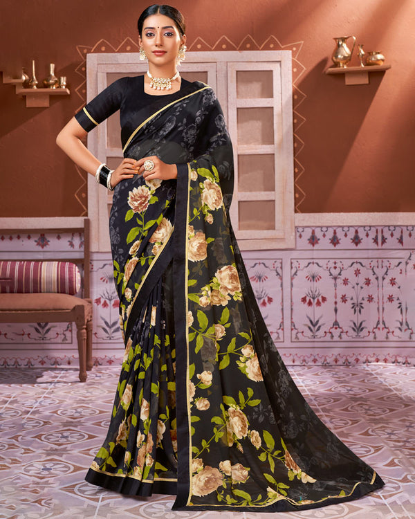 Vishal Prints Black Georgette Saree With Satin Border