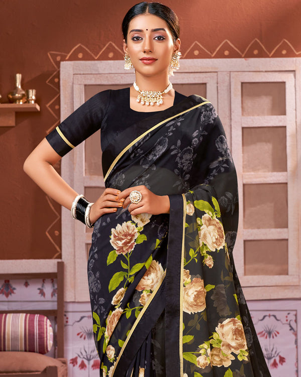 Vishal Prints Black Georgette Saree With Satin Border