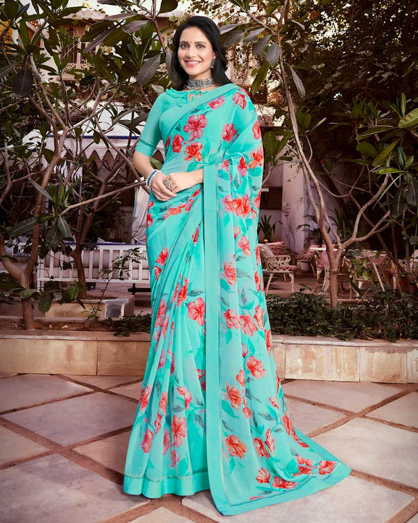 Vishal Prints Turquoise Blue Printed Georgette Saree With Satin Border