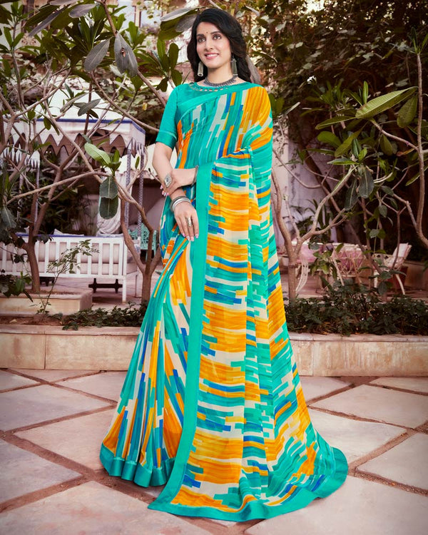 Vishal Prints Turquoise Blue Printed Georgette Saree With Satin Border