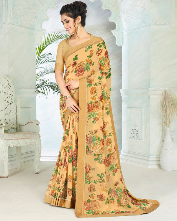 Vishal Prints Sand Brown Printed Georgette Saree With Border