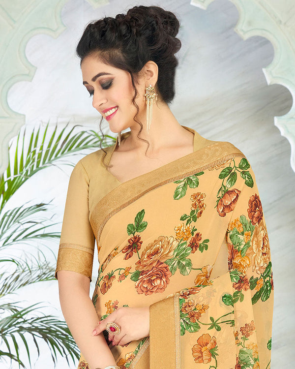 Vishal Prints Sand Brown Printed Georgette Saree With Border