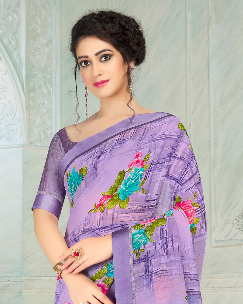 Vishal Prints Lavender Printed Georgette Saree With Border