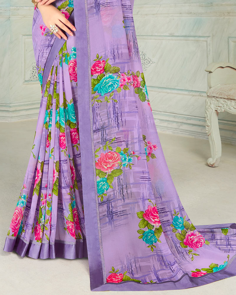 Vishal Prints Lavender Printed Georgette Saree With Border