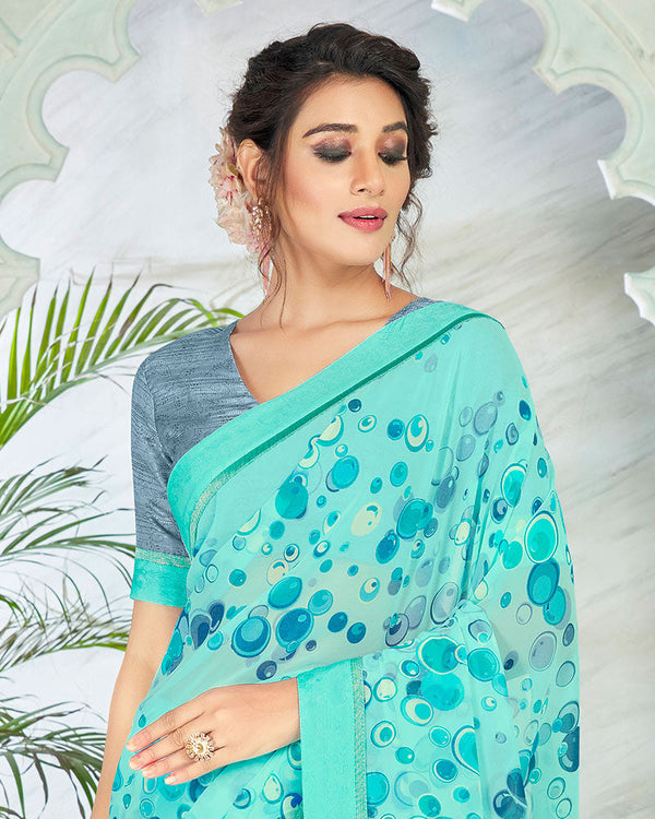 Vishal Prints Turquoise Blue Printed Georgette Saree With Border