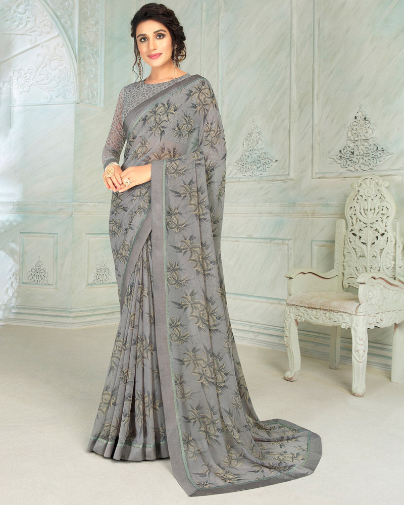 Vishal Prints Grey Printed Georgette Saree With Border