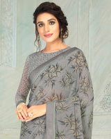 Vishal Prints Grey Printed Georgette Saree With Border