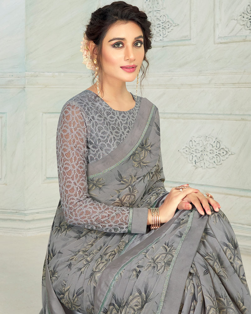 Vishal Prints Grey Printed Georgette Saree With Border