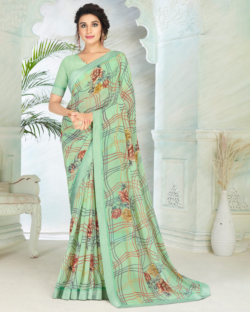 Vishal Prints Turquoise Green Printed Georgette Saree With Border