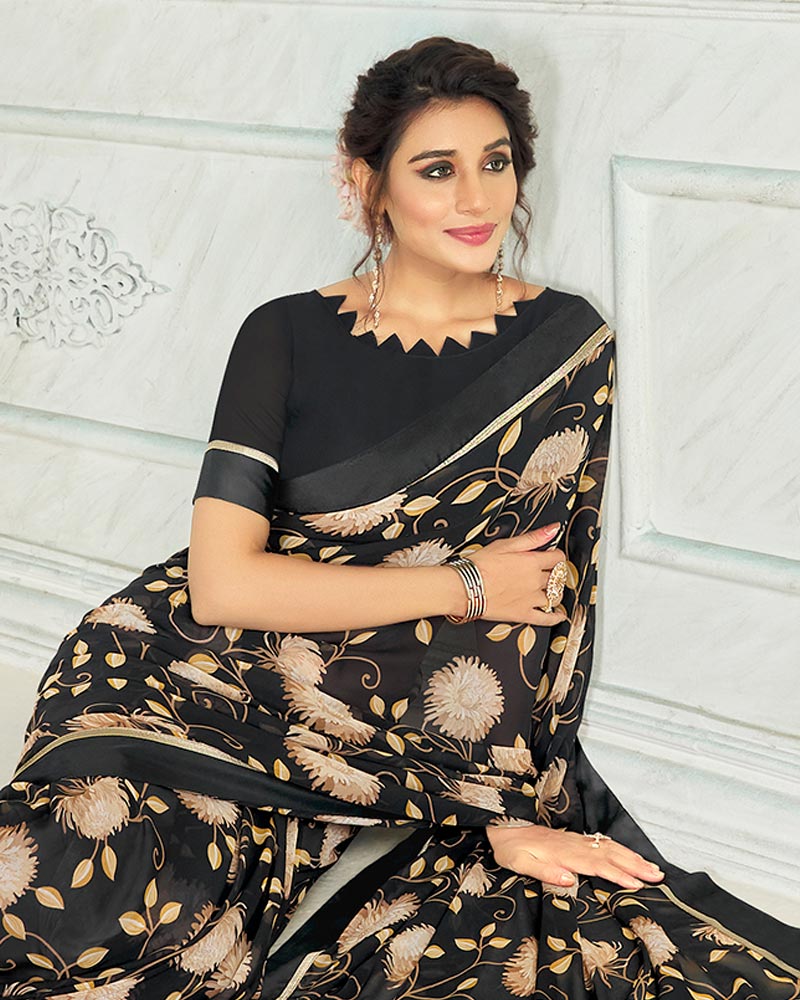 Vishal Prints Black Printed Georgette Saree With Border