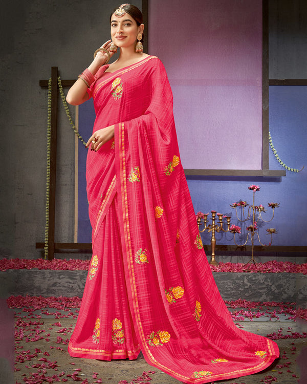 Vishal Prints Red Pink Designer Patterned Chiffon Saree With Embroidery Work And Fancy Border