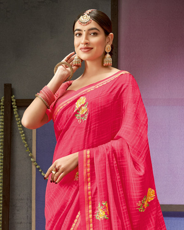 Vishal Prints Red Pink Designer Patterned Chiffon Saree With Embroidery Work And Fancy Border