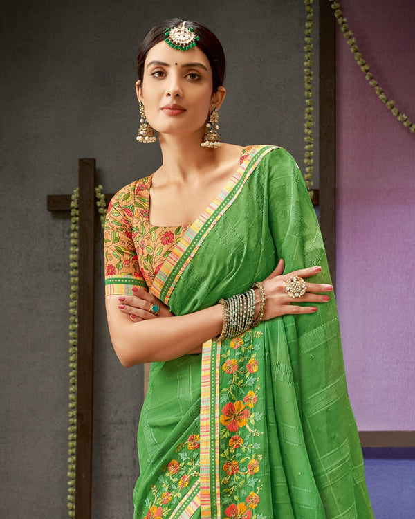 Vishal Prints Grass Green Designer Patterned Chiffon Saree With Embroidery Work And Fancy Border