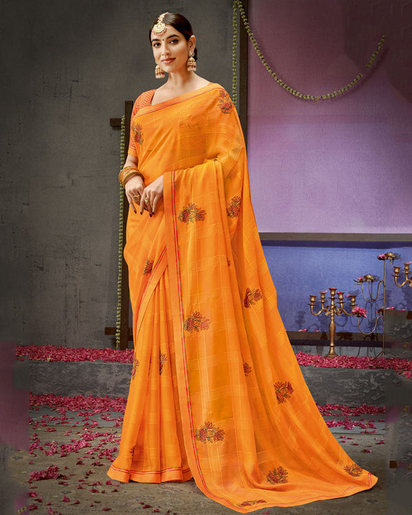 Vishal Prints Saffron Color Designer Patterned Chiffon Saree With Embroidery Work And Fancy Border