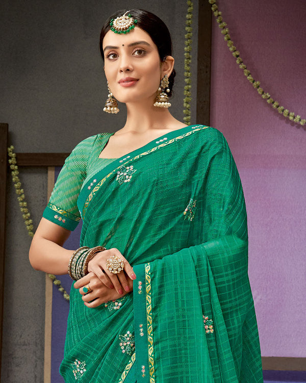 Vishal Prints Jade Green Designer Patterned Chiffon Saree With Embroidery Work And Fancy Border