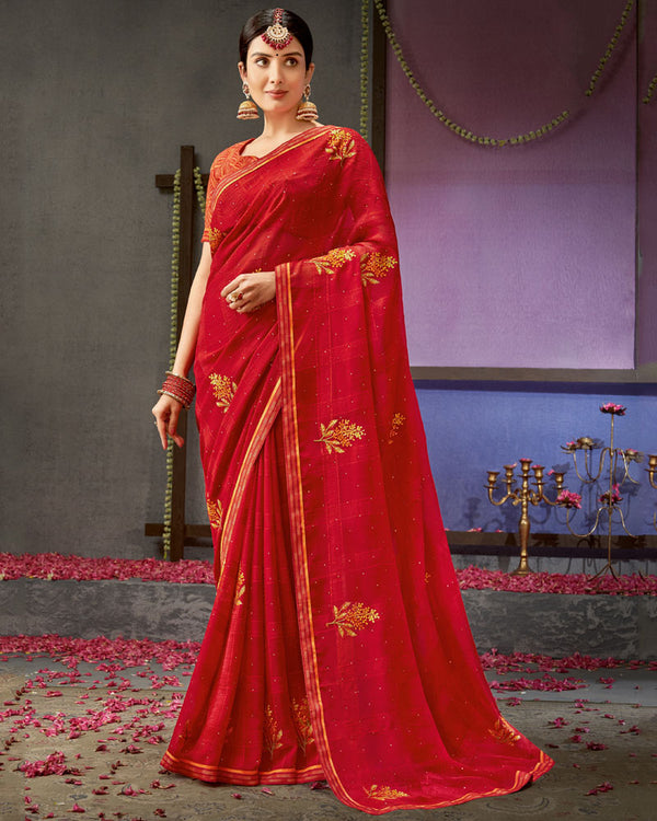 Vishal Prints Dark Red Designer Patterned Chiffon Saree With Embroidery Work And Fancy Border