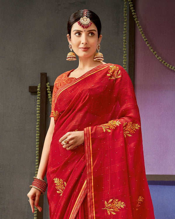 Vishal Prints Dark Red Designer Patterned Chiffon Saree With Embroidery Work And Fancy Border